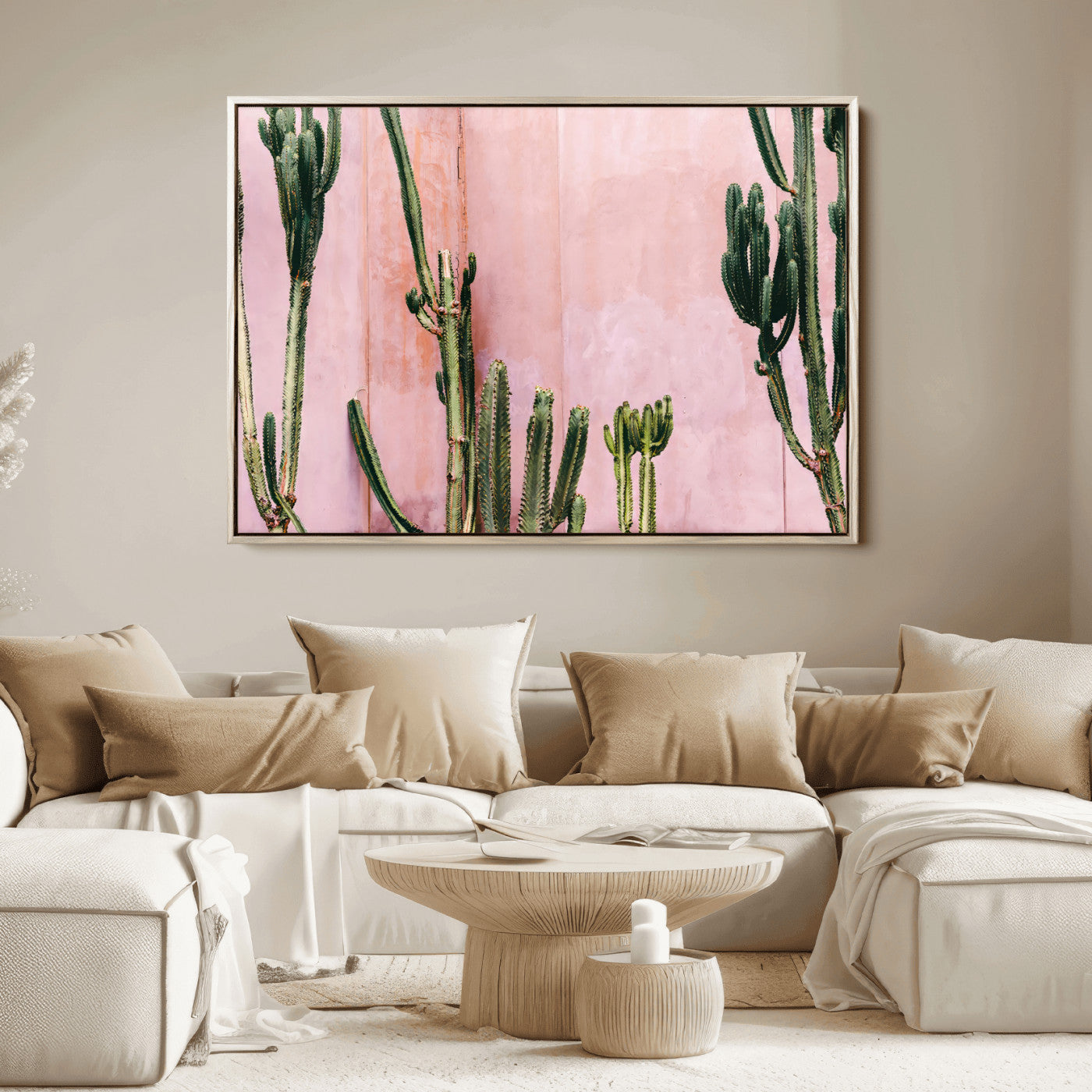 93119502-MGV-FC-36X24_Natural-Tall Cactus Wall Art Canvas Print, Framed Pink Wall Art Picture Print, Cactus Lines Perfect Modern Desert Decor Artwork