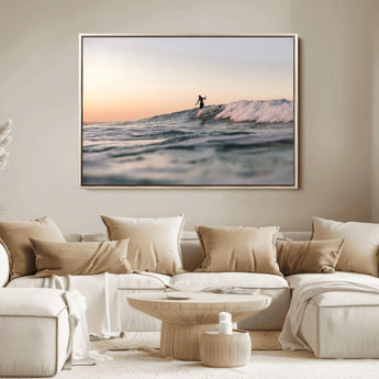 58502923-MGV-FC-36X24_Natural-Wave Rider Wall Art Canvas Print, Framed Ocean Wave Art Picture Print, Riding Surf Perfect Sunset Surf Decor Artwork