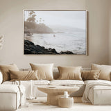 62501405-MGV-FC-36X24_Natural-Misty Beach Wall Art Canvas Print, Framed California Surfer Art Picture Print, Coastal Cliff Perfect Coastal Beach Decor Artwork
