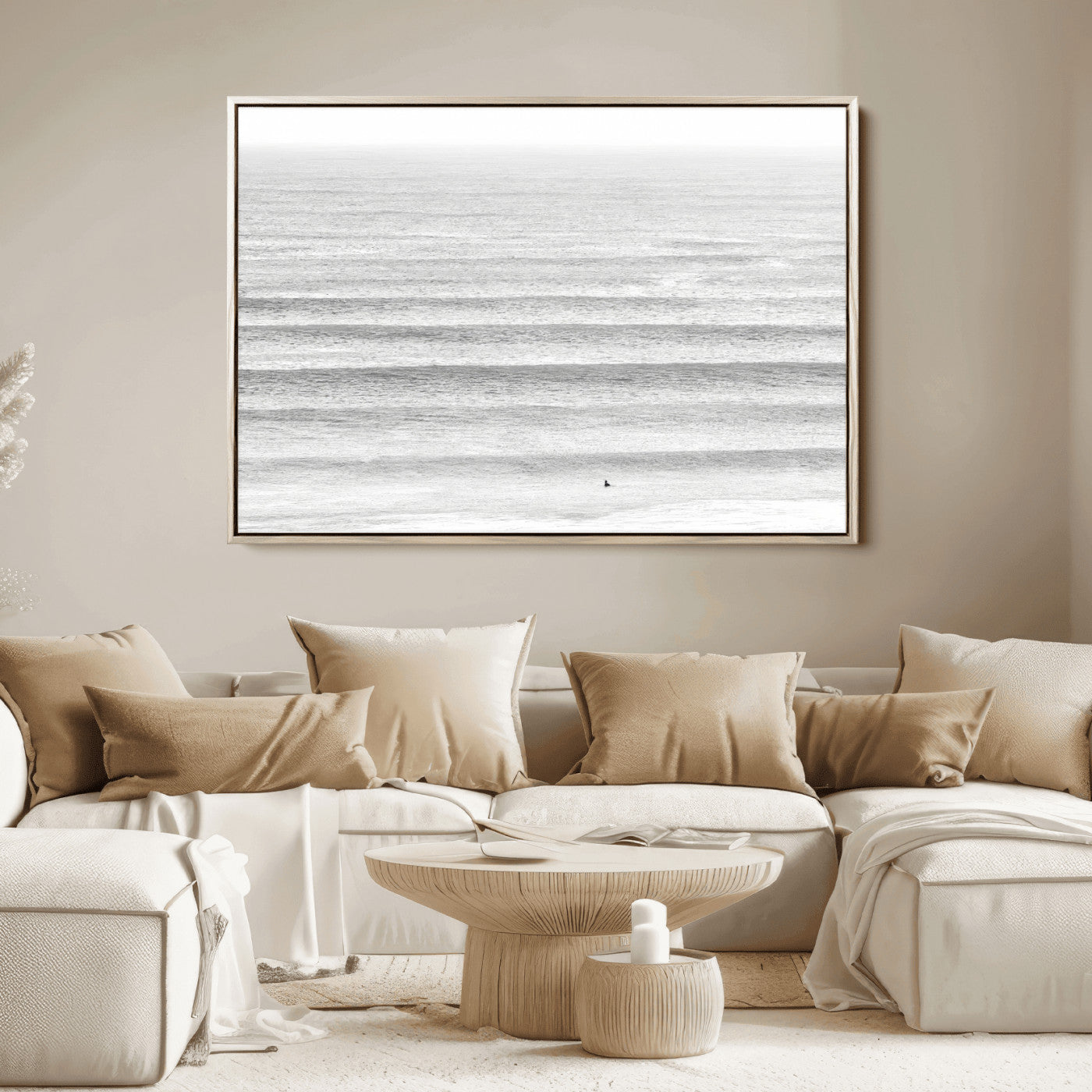 66534476-MGV-FC-36X24_Natural-Lone Surfer Wall Art Canvas Print, Framed Ocean Waves Art Picture Print, Minimal Sea Perfect Minimal Coastal Decor Artwork
