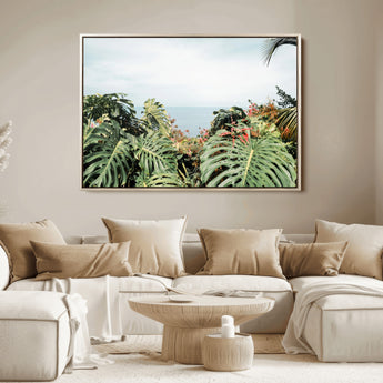 45700479-MGV-FC-36X24_Natural-Monstera Leaves Wall Art Canvas Print, Framed Tropical Ocean Art Picture Print, Tropical Foliage Perfect Tropical Coastal Jungle