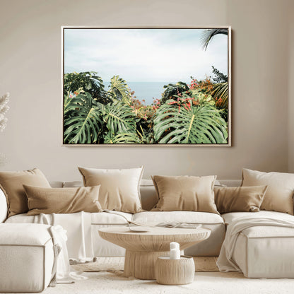 45700479-MGV-FC-36X24_Natural-Monstera Leaves Wall Art Canvas Print, Framed Tropical Ocean Art Picture Print, Tropical Foliage Perfect Tropical Coastal Jungle