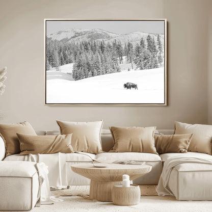 68081143-MGV-FC-36X24_Natural-Snowy Bison Wall Art Canvas Print, Framed Winter Forest Art Picture Print, Lone Bison Perfect Monochrome Winter Wild Decor Artwork
