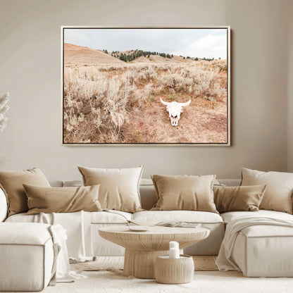 97234735-MGV-FC-36X24_Natural-Rustic Bones Wall Art Canvas Print, Framed Desert Sage Art Picture Print, Prairie Skull Perfect Minimal Rustic Decor Artwork