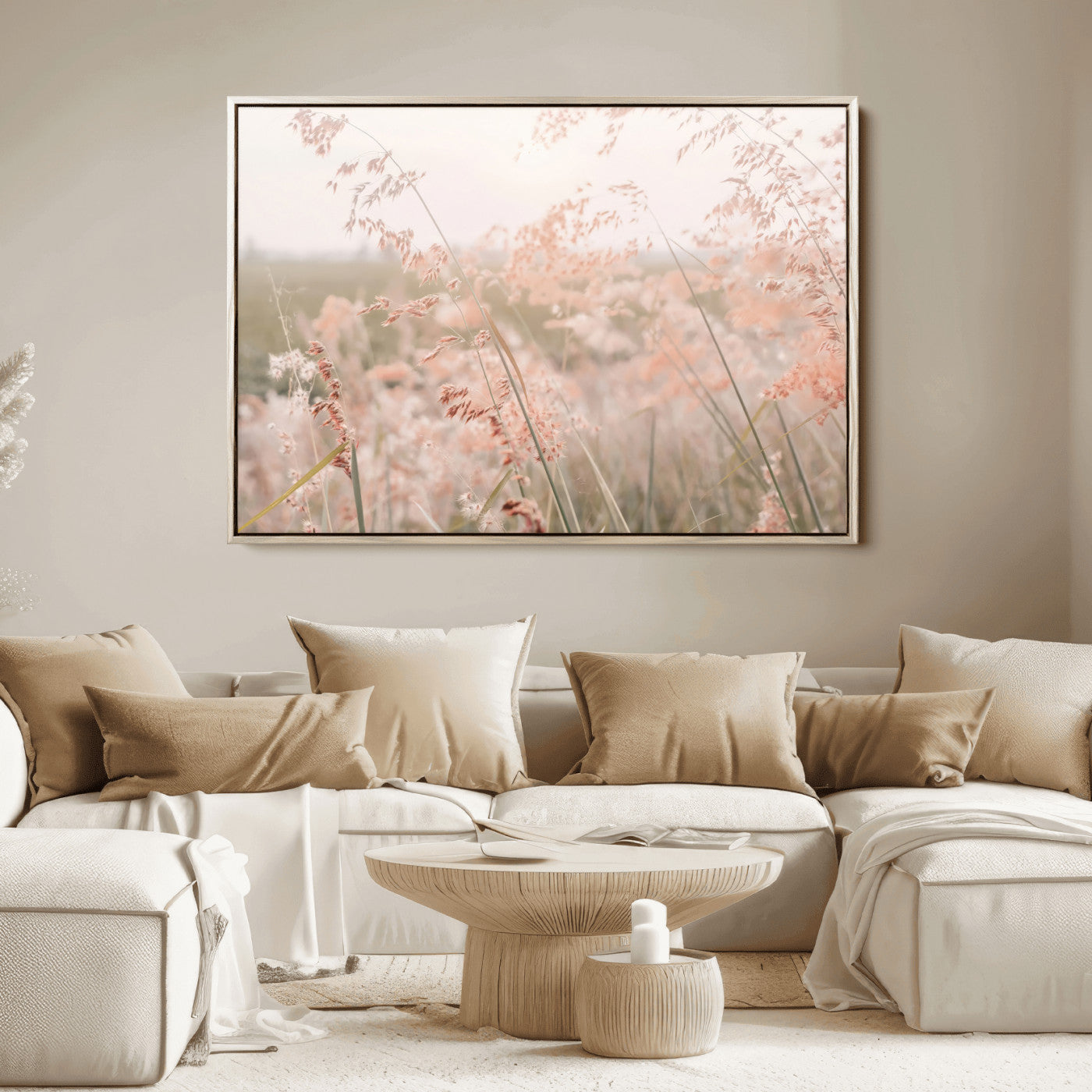 79164340-MGV-FC-36X24_Natural-Pastel Grasses Wall Art Canvas Print, Framed Soft Meadow Art Picture Print, Field in Breeze Perfect Pastel Minimal Decor Artwork