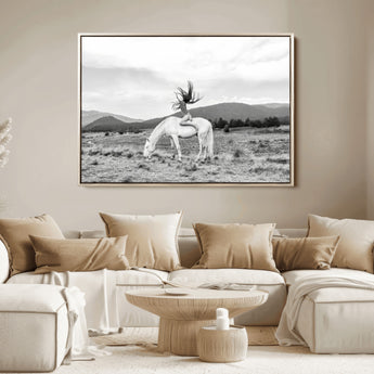 62789800-MGV-FC-36X24_Natural-White Horse Wall Art Canvas Print, Framed Woman Rider Art Picture Print, Equestrian Pose Perfect Western Boho Decor Artwork