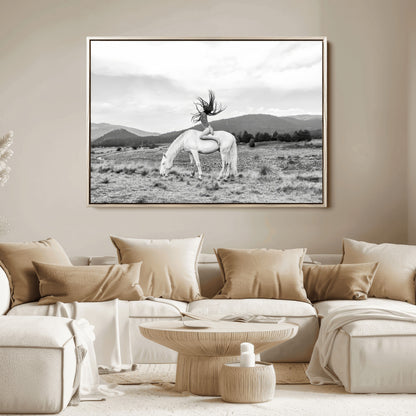 62789800-MGV-FC-36X24_Natural-White Horse Wall Art Canvas Print, Framed Woman Rider Art Picture Print, Equestrian Pose Perfect Western Boho Decor Artwork