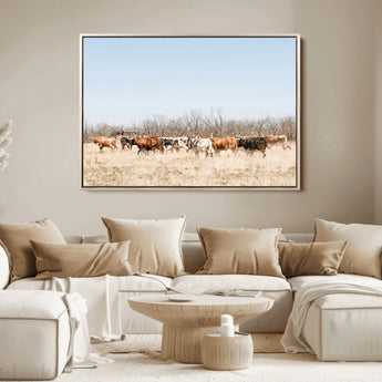 16563092-MGV-FC-36X24_Natural-Texas Longhorns Wall Art Canvas Print, Framed Western Cattles Art Picture Print, Rustic Herd Perfect Rustic Farmhouse Decor