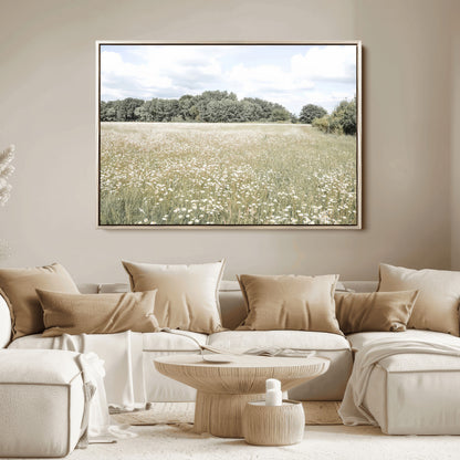 43258946-MGV-FC-36X24_Natural-Daisy Field Wall Art Canvas Print, Framed Pastel Flower Art Picture Print, Meadow Bloom Perfect Scandinavian Minimalist Decor