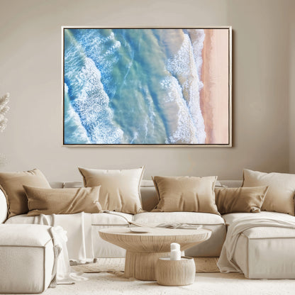 17641845-MGV-FC-36X24_Natural-Aerial Ocean Wall Art Canvas Print, Framed Blue Waves Art Picture Print, Sandy Shoreline Perfect Modern Coastal Decor Artwork