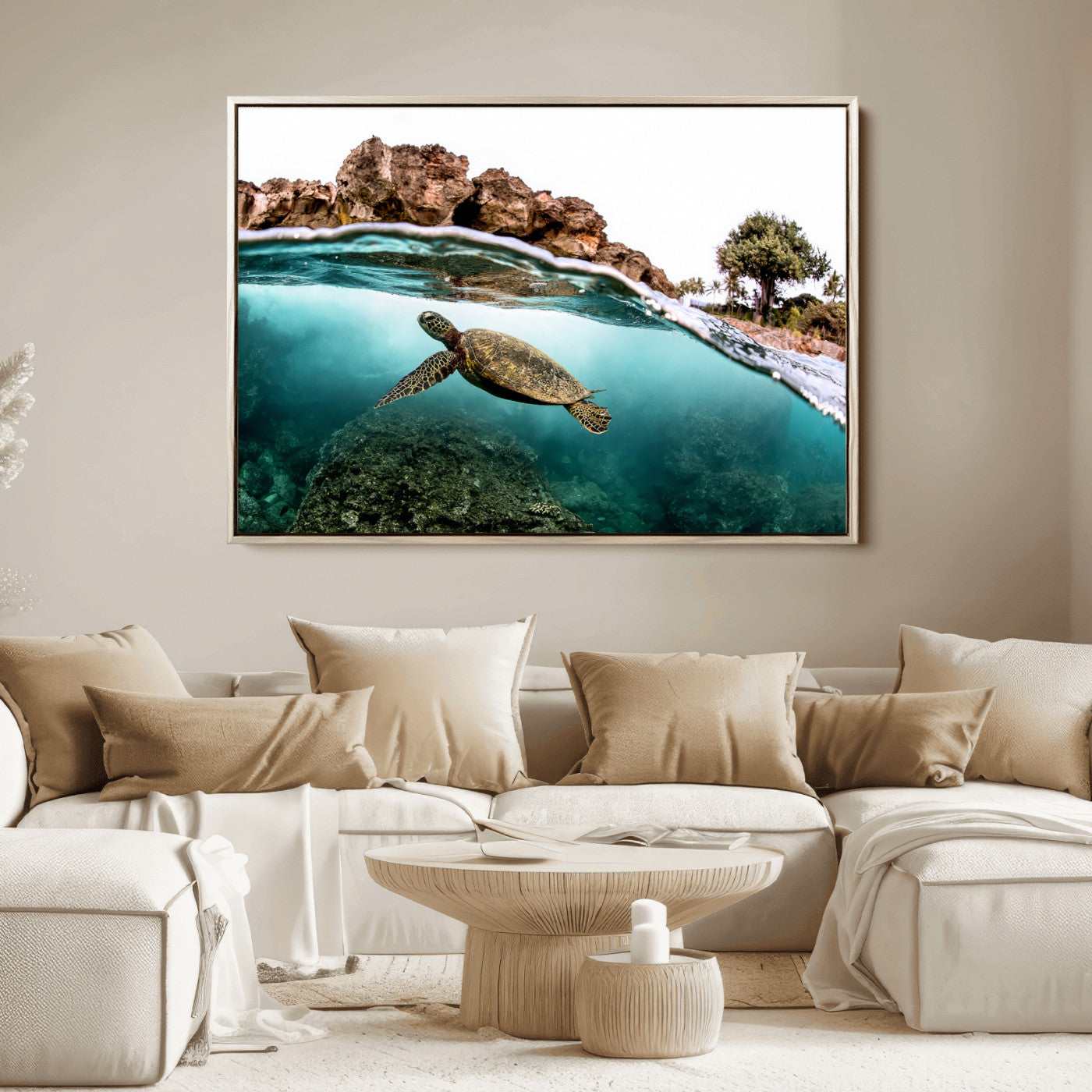44200301-MGV-FC-36X24_Natural-Sea Turtle Swim Wall Art Canvas Print, Framed Ocean Life Art Picture Print, Tropical Shoreline Perfect Tropical Coastal Decor