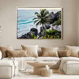 94669907-MGV-FC-36X24_Natural-Tropical Coastline Wall Art Canvas Print, Framed Palm Tree Art Picture Print, Rocky Beach Perfect Tropical Coastal Decor Artwork