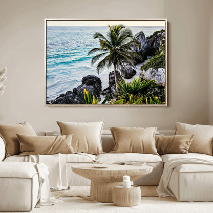 94669907-MGV-FC-36X24_Natural-Tropical Coastline Wall Art Canvas Print, Framed Palm Tree Art Picture Print, Rocky Beach Perfect Tropical Coastal Decor Artwork