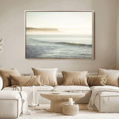 39310633-MGV-FC-36X24_Natural-Coastal Cliffs Wall Art Canvas Print, Framed Misty Ocean Art Picture Print, Morning Light Perfect Minimalistic Coastal Decor