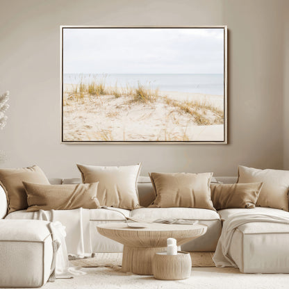 13146857-MGV-FC-36X24_Natural-Beach Dunes Wall Art Canvas Print, Framed Soft Horizon Art Picture Print, Coastal Grass Perfect Minimalist Coastal Decor Artwork