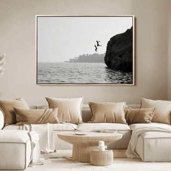52284302-MGV-FC-36X24_Natural-Cliff Jumping Wall Art Canvas Print, Framed Ocean Adventure Art Picture Print, Black White Coast Perfect Modern Coastal Decor