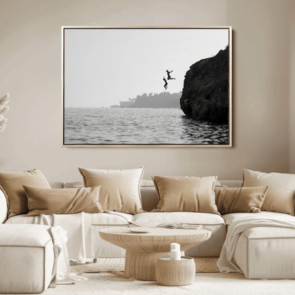 52284302-MGV-FC-36X24_Natural-Cliff Jumping Wall Art Canvas Print, Framed Ocean Adventure Art Picture Print, Black White Coast Perfect Modern Coastal Decor