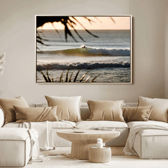 24896468-MGV-FC-36X24_Natural-Sunset Surf Wall Art Canvas Print, Framed Golden Waves Art Picture Print, Tropical Ocean Perfect Tropical Boho Decor Artwork