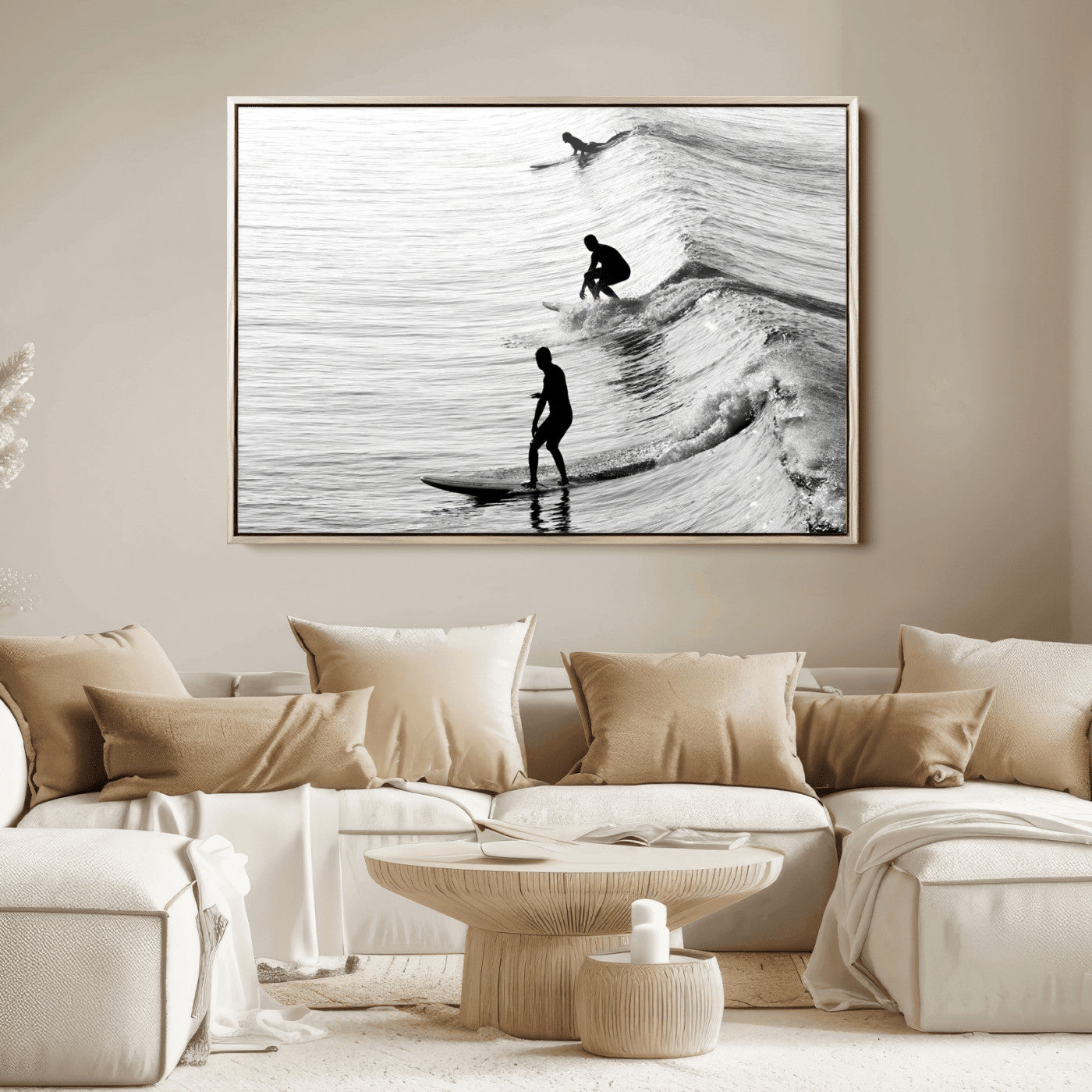 19875284-MGV-FC-36X24_Natural-Surfer Waves Wall Art Canvas Print, Framed Black White Surf Art Picture Print, Monochrome Ocean Perfect Modern Coastal Decor