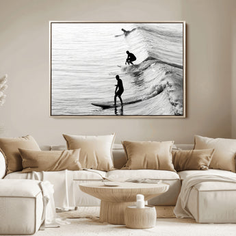 19875284-MGV-FC-36X24_Natural-Surfer Waves Wall Art Canvas Print, Framed Black White Surf Art Picture Print, Monochrome Ocean Perfect Modern Coastal Decor