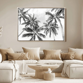62113786-MGV-FC-36X24_Natural-Black White Palm Wall Art Canvas Print, Framed Monochrome Tropics Art Picture Print, Minimalist Beach Perfect Coastal Minimalist
