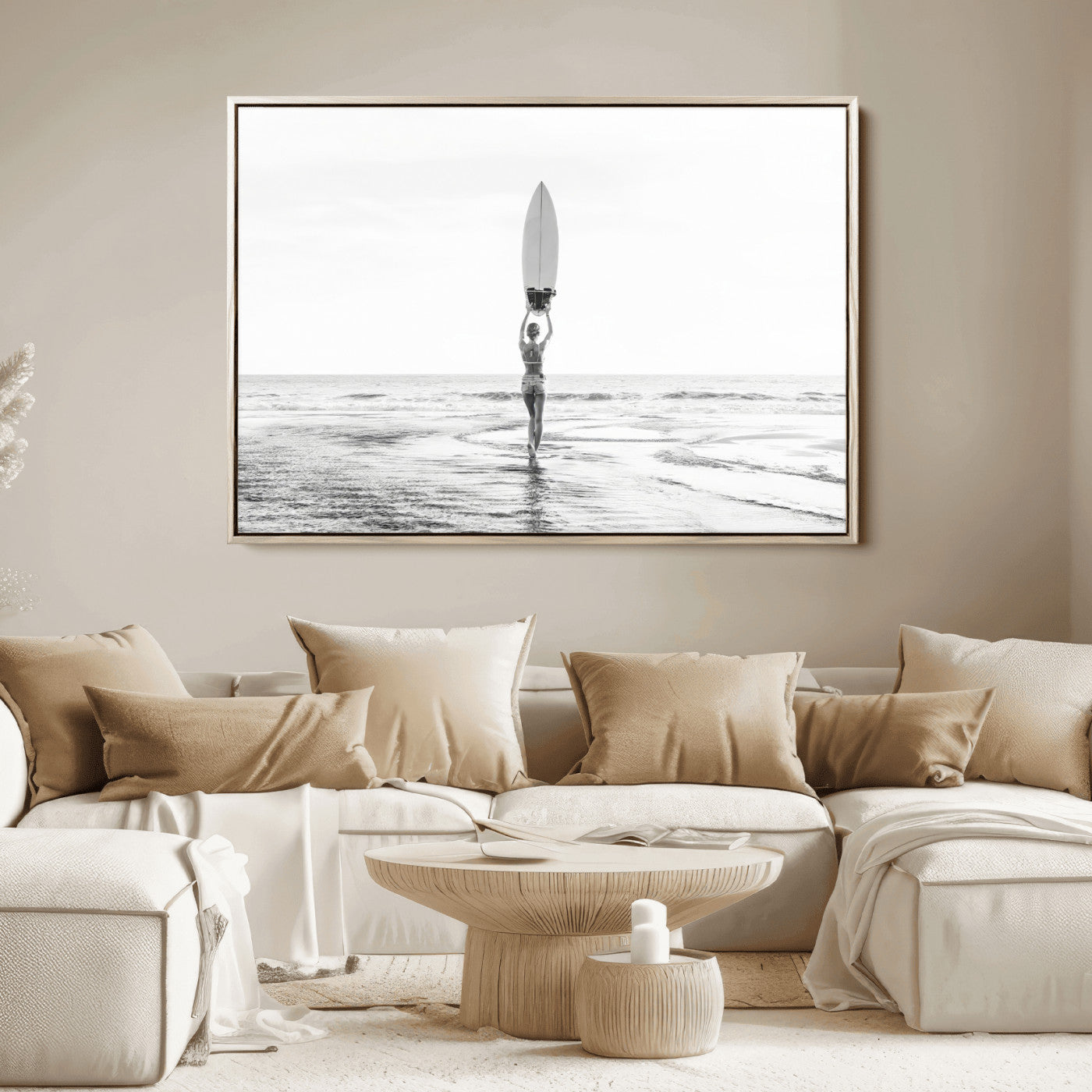 98446901-MGV-FC-36X24_Natural-Monochrome Surf Wall Art Canvas Print, Framed Minimalist Surfer Art Picture Print, Surfboard Silhouette Perfect Coastal Minimalist