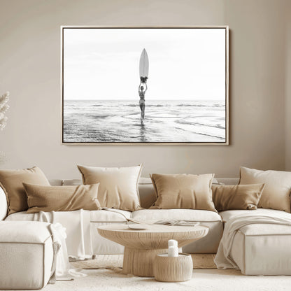 98446901-MGV-FC-36X24_Natural-Monochrome Surf Wall Art Canvas Print, Framed Minimalist Surfer Art Picture Print, Surfboard Silhouette Perfect Coastal Minimalist