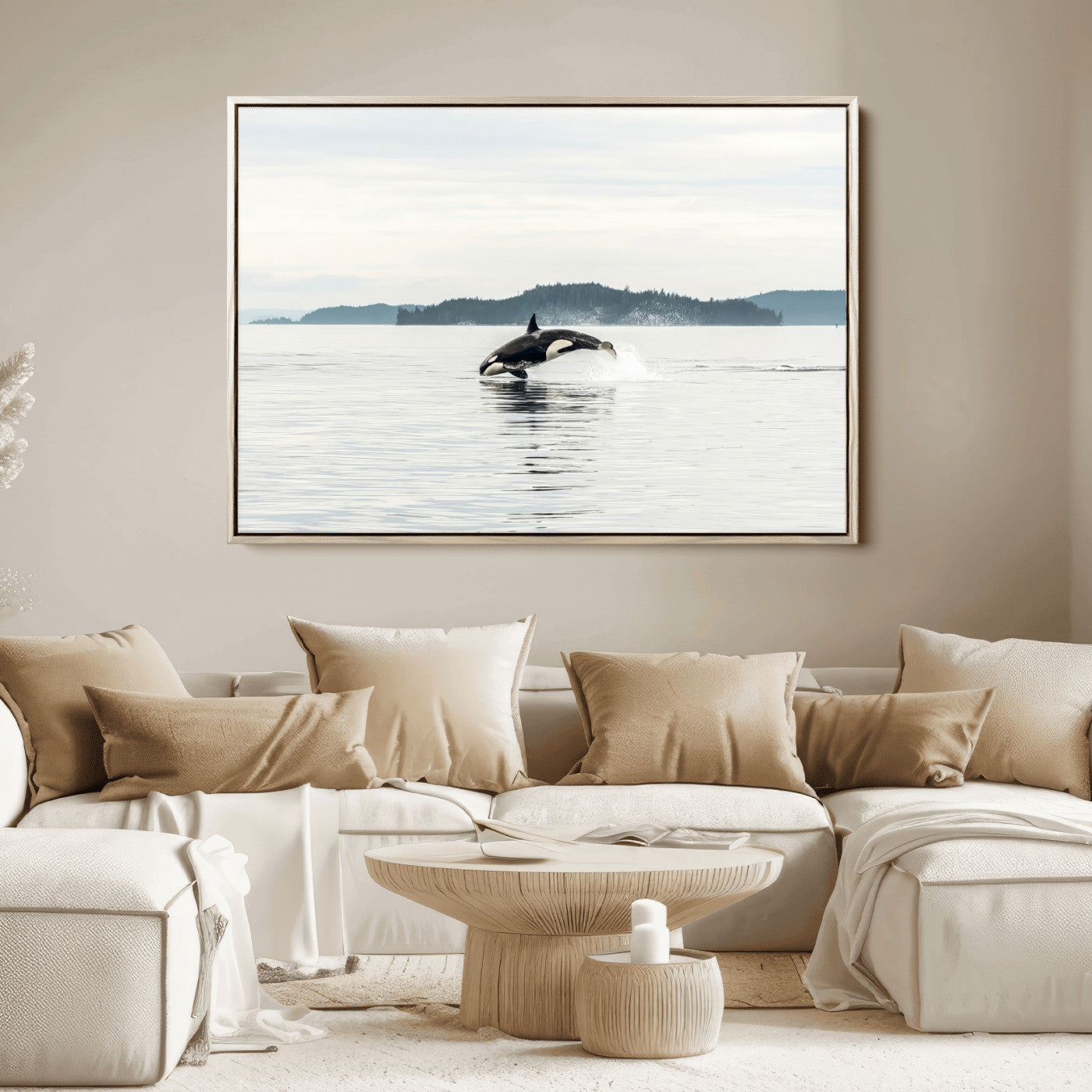 10157174-MGV-FC-36X24_Natural-Orca Whale Wall Art Canvas Print, Framed Black White Whale Art Picture Print, Minimalist Ocean Perfect Coastal Minimalist Decor
