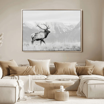 62278753-MGV-FC-36X24_Natural-Monochrome Elk Wall Art Canvas Print, Framed Mountain Wildlife Art Picture Print, Rustic Nature Perfect Rustic Minimalist Decor