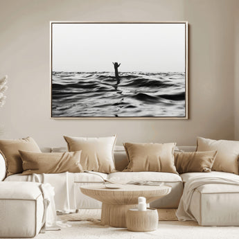69541918-MGV-FC-36X24_Natural-Black White Ocean Wall Art Canvas Print, Framed Moody Seascape Art Picture Print, Surfer Sign Perfect Moody Minimalist Decor