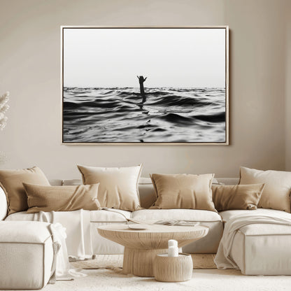 69541918-MGV-FC-36X24_Natural-Black White Ocean Wall Art Canvas Print, Framed Moody Seascape Art Picture Print, Surfer Sign Perfect Moody Minimalist Decor
