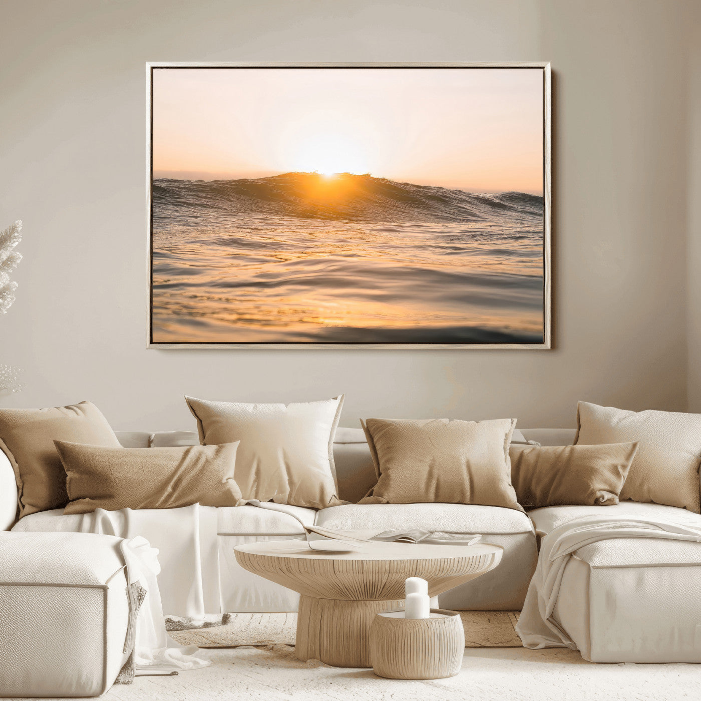 16973771-MGV-FC-36X24_Natural-Calm Water Wall Art Canvas Print, Framed Sunset Waves Art Picture Print, Coastal Warmth Perfect Warm Minimalist Decor Artwork
