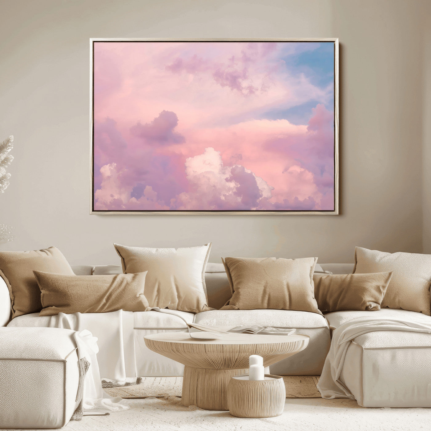 22874890-MGV-FC-36X24_Natural-Pastel Sky Wall Art Canvas Print, Framed Dreamy Cloudscape Art Picture Print, Sunset Glow Perfect Minimalist Serenity Decor