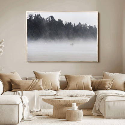 59703275-MGV-FC-36X24_Natural-Surfer in Fog Wall Art Canvas Print, Framed Foggy Beach Art Picture Print, Coastal Surf Perfect Moody Coastal Decor Artwork