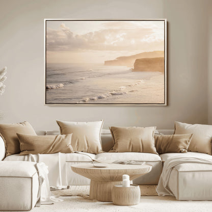 57669769-MGV-FC-36X24_Natural-Misty Coastal Wall Art Canvas Print, Framed Golden Sunset Art Picture Print, Serene Shoreline Perfect Tranquil Coastal Decor
