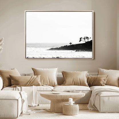 40875891-MGV-FC-36X24_Natural-SurferCliffs Wall Art Canvas Print, Framed Black White Beach Art Picture Print, Ocean Waves Perfect Minimalist Coastal Decor