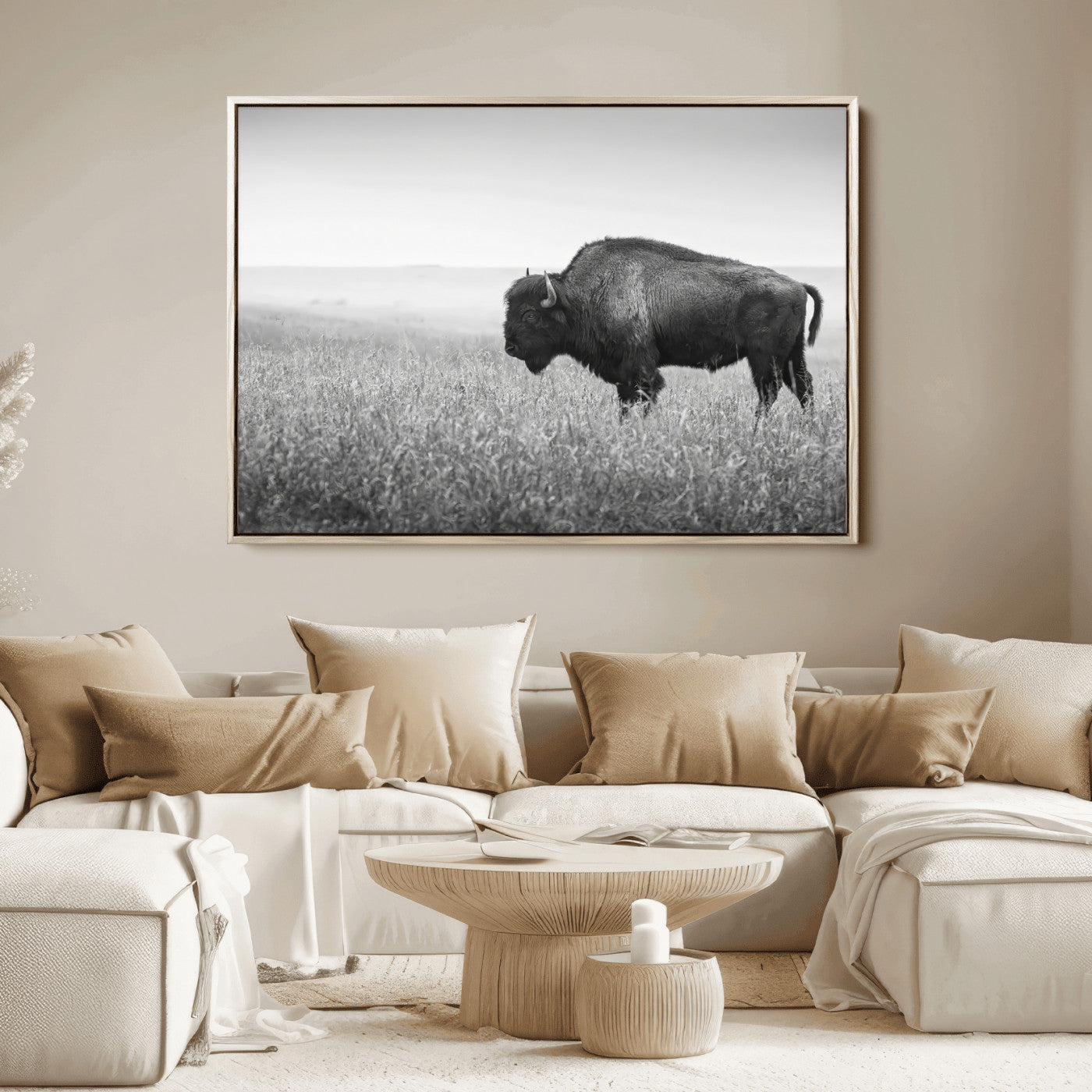 28435251-MGV-FC-36X24_Natural-Bison In Prairie Wall Art Canvas Print, Framed Rustic Wildlife Art Picture Print, Wild Buffalo Perfect Rustic Western Decor