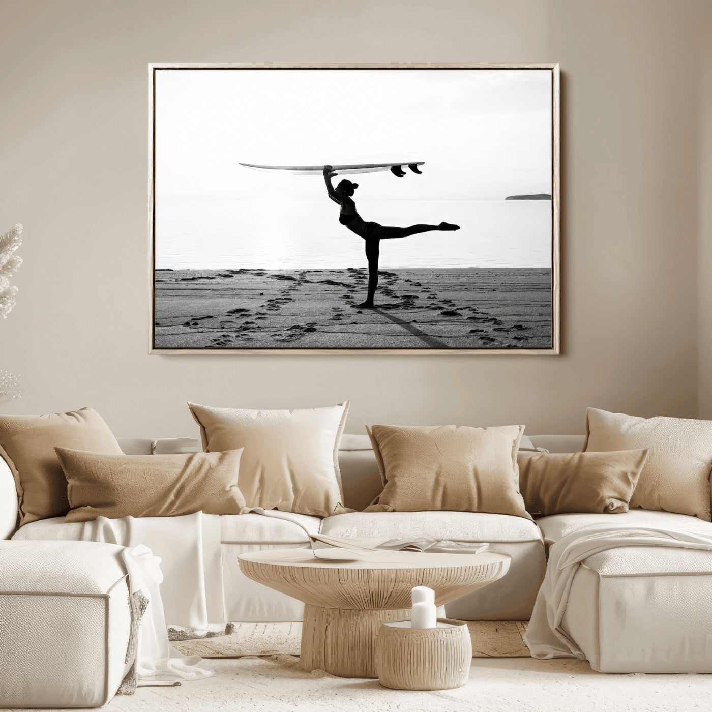 28441356-MGV-FC-36X24_Natural-Yoga Surf Wall Art Canvas Print, Framed Black White Shore Art Picture Print, Peaceful Ocean Perfect Minimalist Coastal Decor
