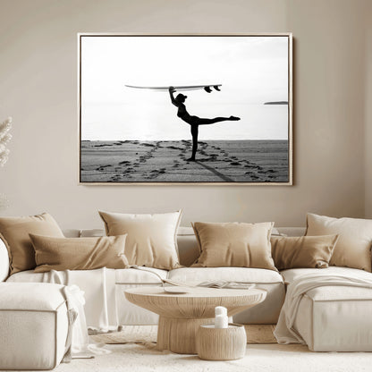 28441356-MGV-FC-36X24_Natural-Yoga Surf Wall Art Canvas Print, Framed Black White Shore Art Picture Print, Peaceful Ocean Perfect Minimalist Coastal Decor
