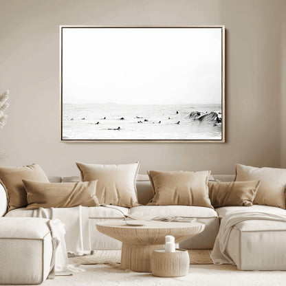 38441169-MGV-FC-36X24_Natural-Monochrome Swimming Wall Art Canvas Print, Framed Ocean Horizon Art Picture Print, Moody Coastal Perfect Minimalist Coastal Decor