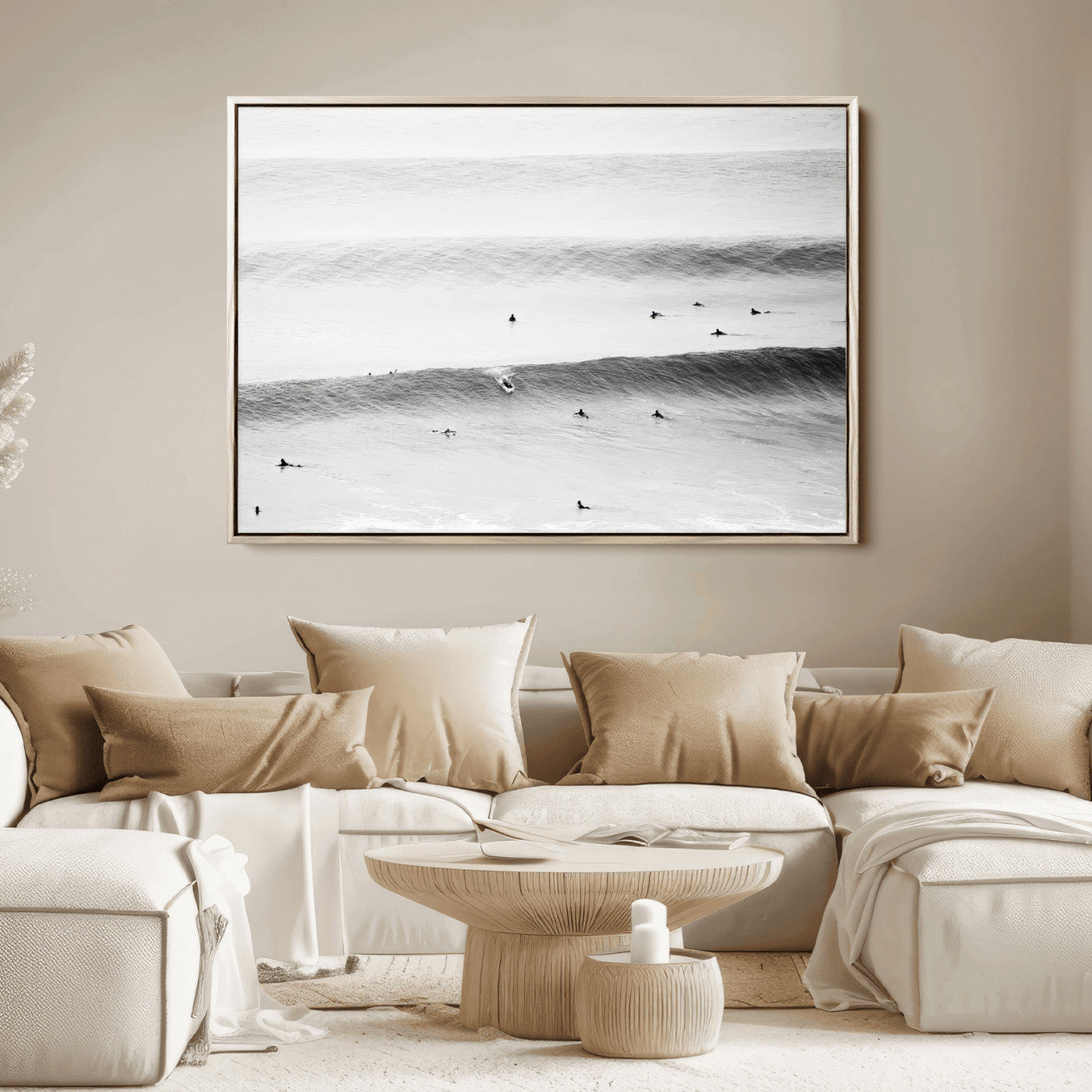 54291445-MGV-FC-36X24_Natural-Black White Ocean Wall Art Canvas Print, Framed Coastal Sport Art Picture Print, Ocean Culture Perfect Minimalist Coastal Decor