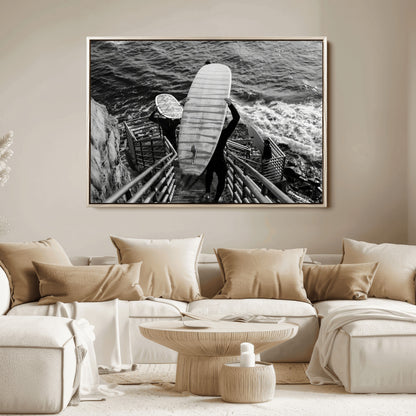 32353707-MGV-FC-36X24_Natural-Black White Surfing Wall Art Canvas Print, Framed Coastal Surfing Art Picture Print, Wave Riders Perfect Coastal Adventure Decor
