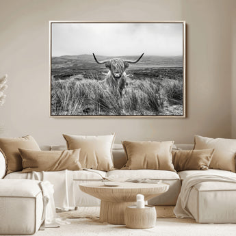 24051061-MGV-FC-36X24_Natural-Monochrome Highland Cow Wall Art Canvas Print, Framed Scottish Bull Art Picture Print, Lone Cattle Perfect Rustic Farmhouse Decor