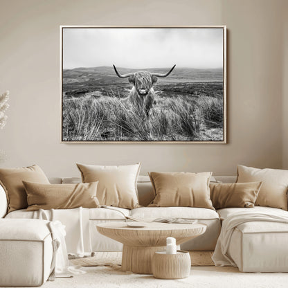 24051061-MGV-FC-36X24_Natural-Monochrome Highland Cow Wall Art Canvas Print, Framed Scottish Bull Art Picture Print, Lone Cattle Perfect Rustic Farmhouse Decor