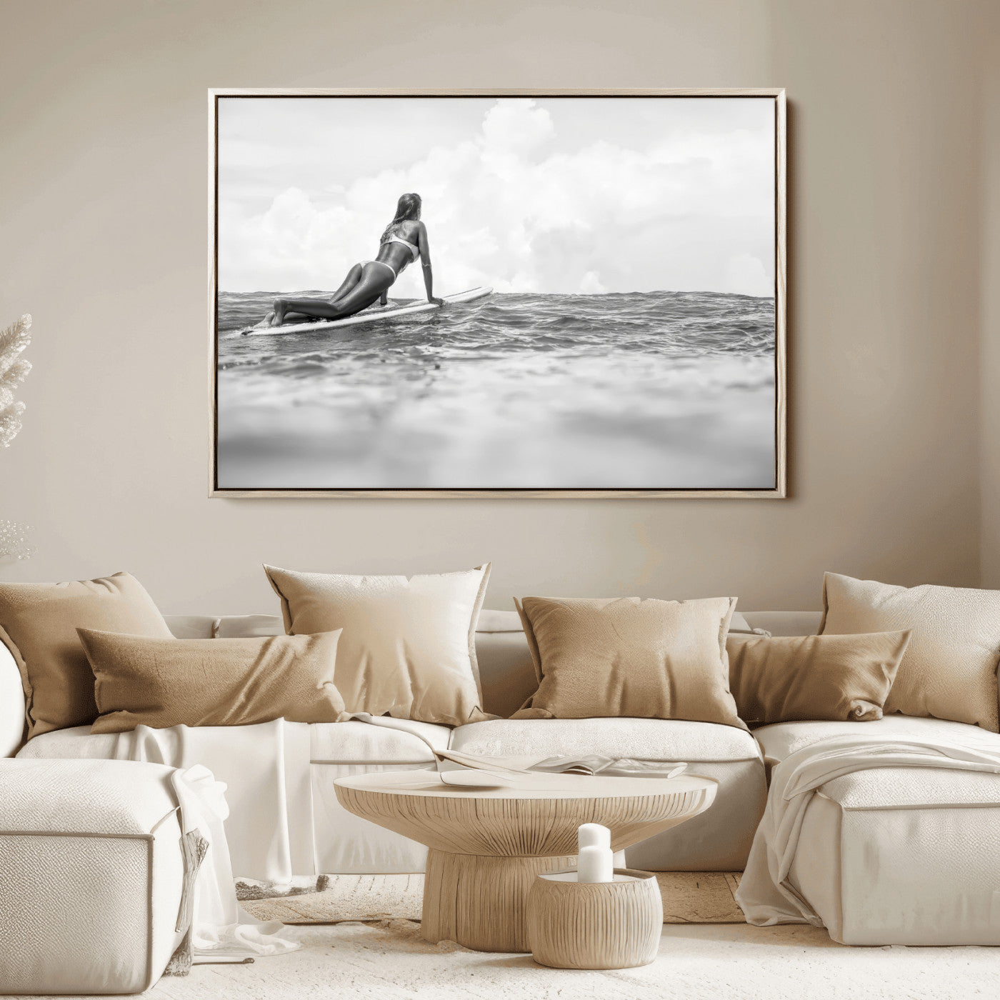 69798068-MGV-FC-36X24_Natural-Black White Surfing Wall Art Canvas Print, Framed Ocean Horizon Art Picture Print, Surfer Girl Perfect Coastal Adventure Decor