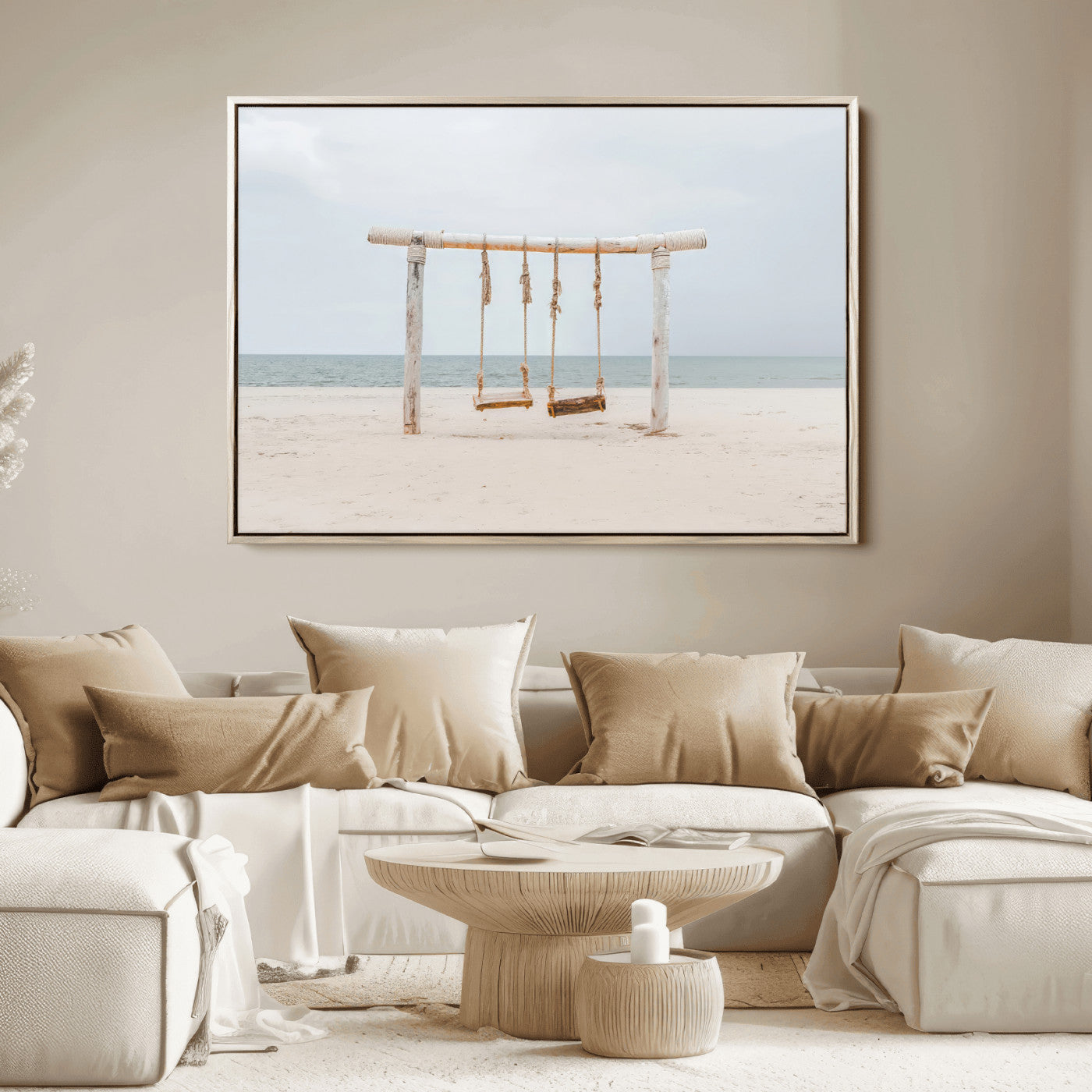 68327283-MGV-FC-36X24_Natural-Beach Swing Wall Art Canvas Print, Framed Quiet Beach Art Picture Print, Calm Shoreline Perfect Bohemian Coastal Decor Artwork