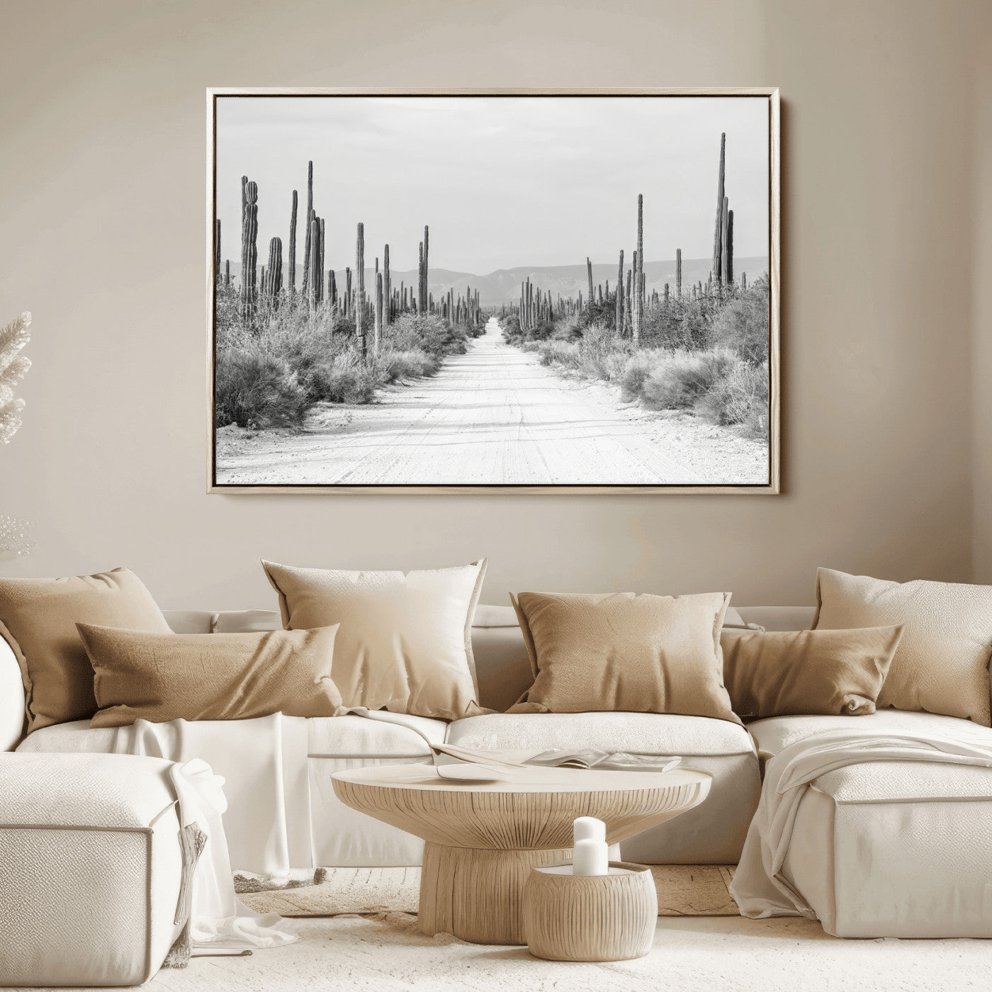 35537313-MGV-FC-36X24_Natural-Monochrome Desert Wall Art Canvas Print, Framed Cactus Path Art Picture Print, Southwestern Landscape Perfect Southwestern