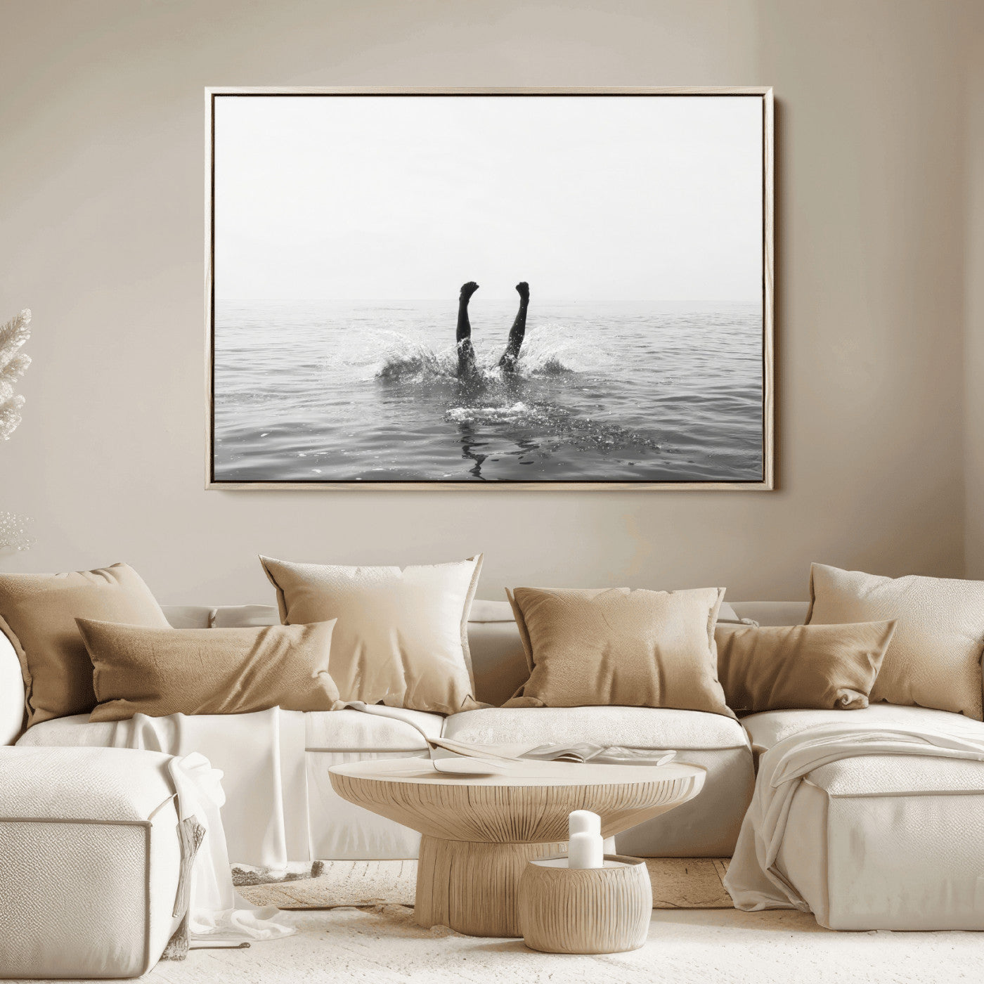 26667396-MGV-FC-36X24_Natural-Black White Ocean Wall Art Canvas Print, Framed Monochrome Water Art Picture Print, Diving into Water Perfect Minimalist Aquatic