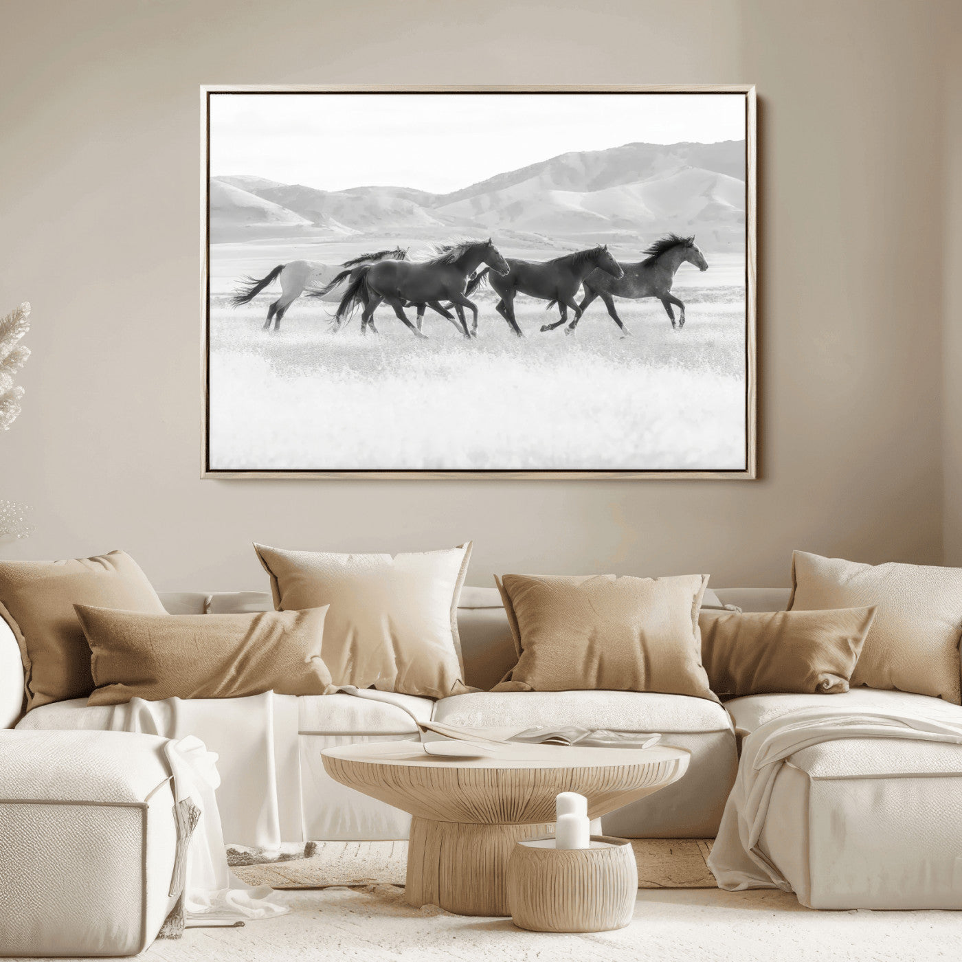 69934913-MGV-FC-36X24_Natural-Wild Horses Running Wall Art Canvas Print, Framed Black White Mustangs Art Picture Print, Rustic Western Perfect Rustic Western