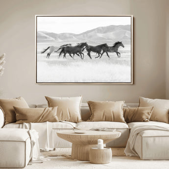 69934913-MGV-FC-36X24_Natural-Wild Horses Running Wall Art Canvas Print, Framed Black White Mustangs Art Picture Print, Rustic Western Perfect Rustic Western
